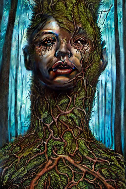 Prompt: hyperrealistic expressive! black woman with detailed exoskeleton armor, merging with tree in a forest, illustration masterpiece brad kunkle hannah yata dramatic blue light low angle hd 8k sharp focus