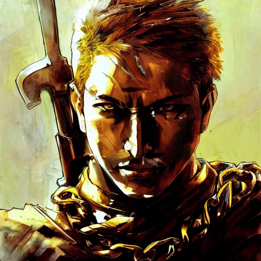 Image similar to portrait of a hero holding his sword in front of his face by yoji shinkawa, high quality, extra details, realism, ornate, colored, golden chain, blood, white skin, short hair, brown eyes, vivid, sunlight, dynamic, american man, freedom, white american soldier, painting