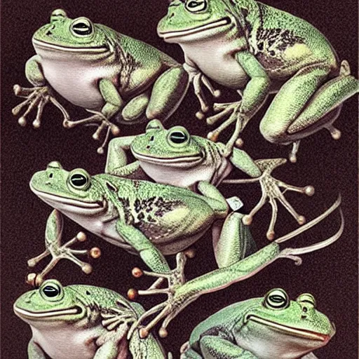 Image similar to full page antique lithograph of humanoid frogs, White background, art print, clean brush stroke, realistic highly detailed, 8k post-processing highly detailed, rendered by octane engine, esty