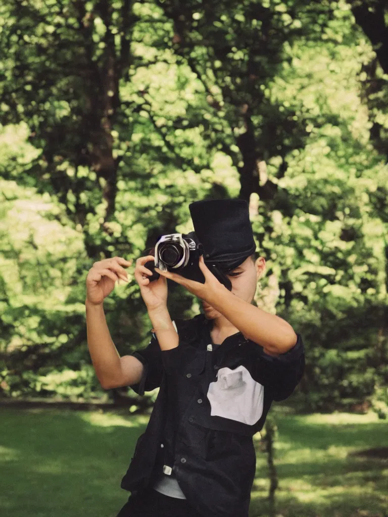 Image similar to slim young man with dark curly hair wearing a black artists beret, a green shirt, black trousers, taking a photo with his 35mm camera in a park highly lomo bright colours vintage