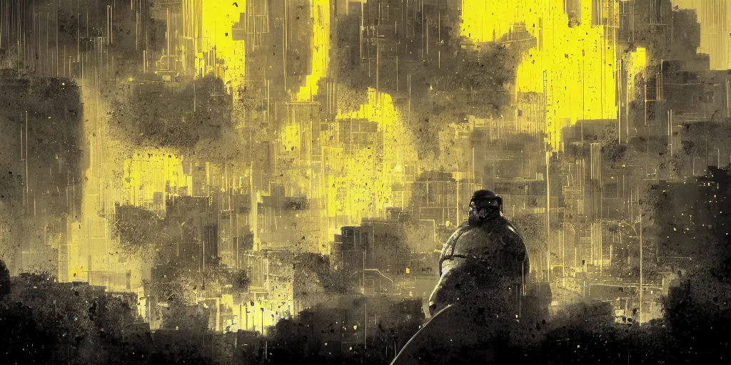 Prompt: portrait of a fat man sci fi soldier ranger, brutalist city architecture, dark epic, white and gold and yellow, emissive lights and cables and wires, high details, ceremonial clouds, dripping paint, fibonacci rhythm, artstation, art germ, wlop, pablo dominguez, sabbas apterus, award - winning, artstation