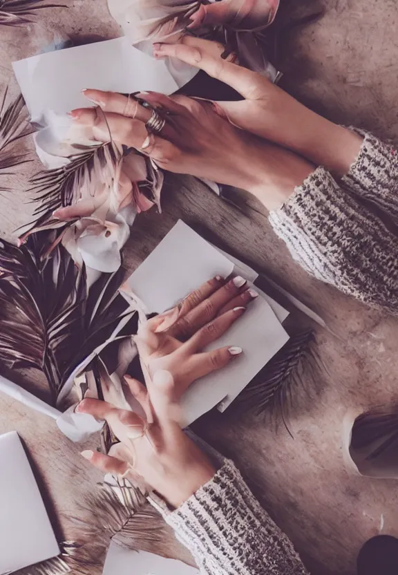 Image similar to an instagram photo of two ultra detailed woman's palms lying on the table, instagram photo, studio photo