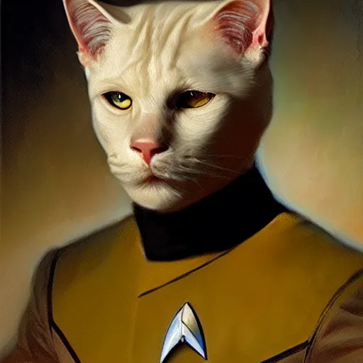 Image similar to a portrait of a man white cat feline star trek the next generation. highly detailed painting by gaston bussiere, craig mullins, j. c. leyendecker, furry