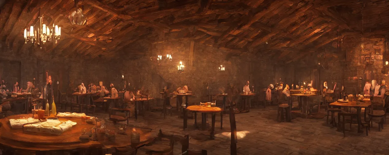 Image similar to inside of a medieval era tavern with dancers, vaporwave aesthetics, 8 k uhd, unreal engine, octane render in the artstyle of finnian macmanus, john park and greg rutkowski