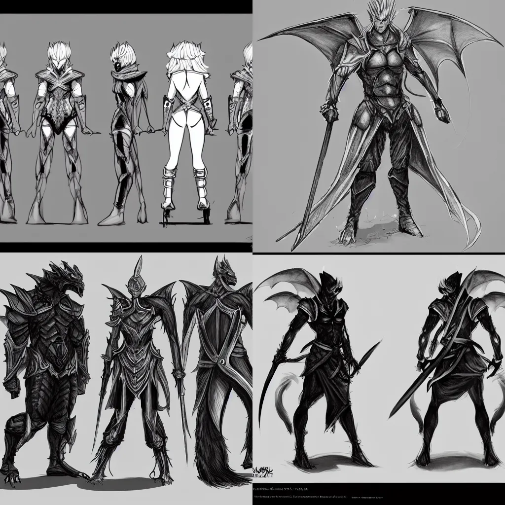 Prompt: concept art, character sheet, human-shaped dragon, warrior, rogue, spear, white and black clothing, trending on art station