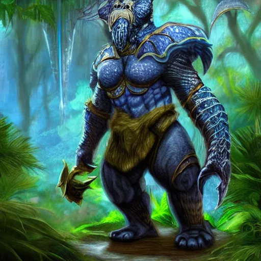 Image similar to A dragonborn with blue scales in a rainforest, trending on artstation, digital art