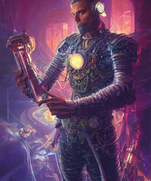 Prompt: a beautiful tarot card artwork of a cyberpunk crystal paladin, backlit, dazzling, highly detailed, digital painting, by karol bak and eddie mendoza and dan mumford and artgerm, vivid colors, masterpiece, detailed shading, 8 k resolution, intricate, smooth