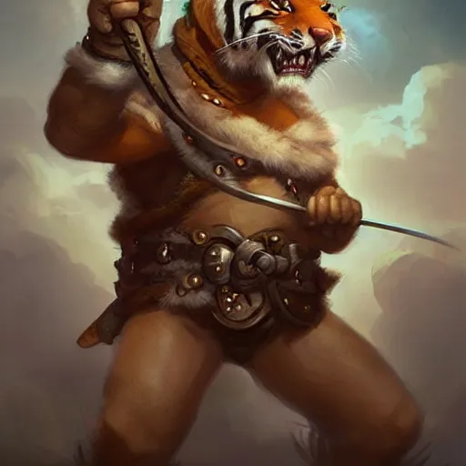 Image similar to cute little anthropomorphic Tiger Warrior, ultra wide lens shot , tiny, small, short, cute and adorable, pretty, beautiful, DnD character art portrait, matte fantasy painting, DeviantArt Artstation, by Jason Felix by Steve Argyle by Tyler Jacobson by Peter Mohrbacher, cinematic lighting