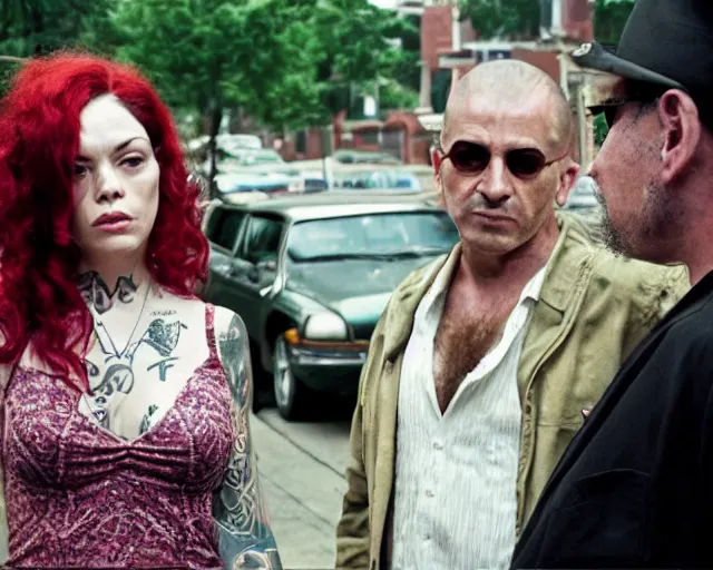 Image similar to mafioso nicky ( joe mangianello ) meets with the heavily tattooed hippie witch lydia ( rose mcgowan, curly red hair ) ; scene from the modern hbo mini series / the outfit /, a supernatural mafia crime thriller about magical monster - hunting mafiosi in philadelphia, hd 8 k film photography, with modern supernatural horror aesthetic.