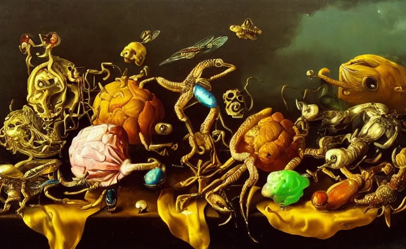 Image similar to disturbing colorful oil painting dutch golden age vanitas still life with bizarre objects strange gooey surfaces shiny metal bizarre insects rachel ruysch dali todd schorr very detailed perfect composition rule of thirds masterpiece