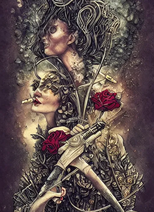 Image similar to tarot card :: horror :: hearts and roses :: aliens and sea :: cigarettes and smoke :: gold and silver :: guns and swords :: highly details :: intricate details :: Sandra Chevrier and bastien lecouffe deharme