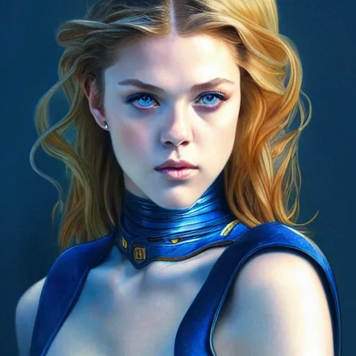 Image similar to beautiful Nicola Peltz as Super Girl, western, closeup, D&D, fantasy, intricate, elegant, highly detailed, digital painting, artstation, concept art, matte, sharp focus, illustration, art by Artgerm and Greg Rutkowski and Alphonse Mucha