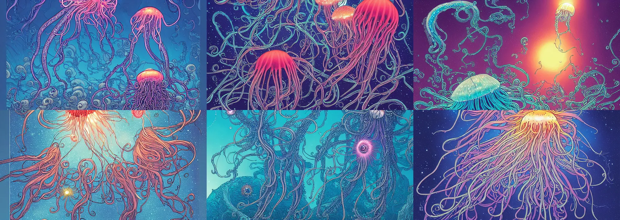 Prompt: a beautiful ultradetailed comic cover art of dozens of cybertronic glowing bee balm jellyfish rising from an ocean of nanotech beneath a hubble sky at night, by Laurie Greasley and Quentine Mabilles and Xsullo, tarot card, long wispy tentacles, dramatic lighting