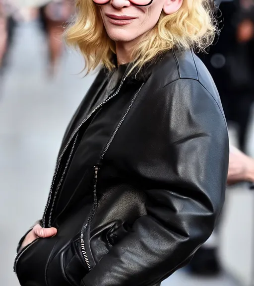 Prompt: detailed attractive characther portrait of cate blanchett wearing oversized leather puffy black bomber jacket and waring sunglasses, realistic, wide angle, dramatic light 8 k