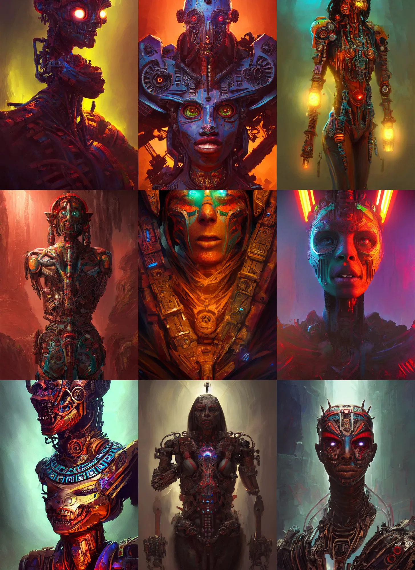 Prompt: Organic aztec cyborg, vivid colors, dark shadows, contrast, concept art, sharp focus, digital art, Hyper-realistic, 4K, Unreal Engine, Highly Detailed, Dramatic Lighting, Beautiful, by Brom, bastien lecouffe-deharme