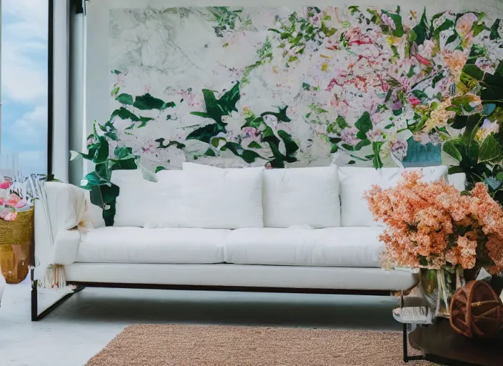 Prompt: interior photo of a modern beach us with a beautiful couch next to a white marble table on top of which there are magnificent flowers, highly detailed, hd, 4k