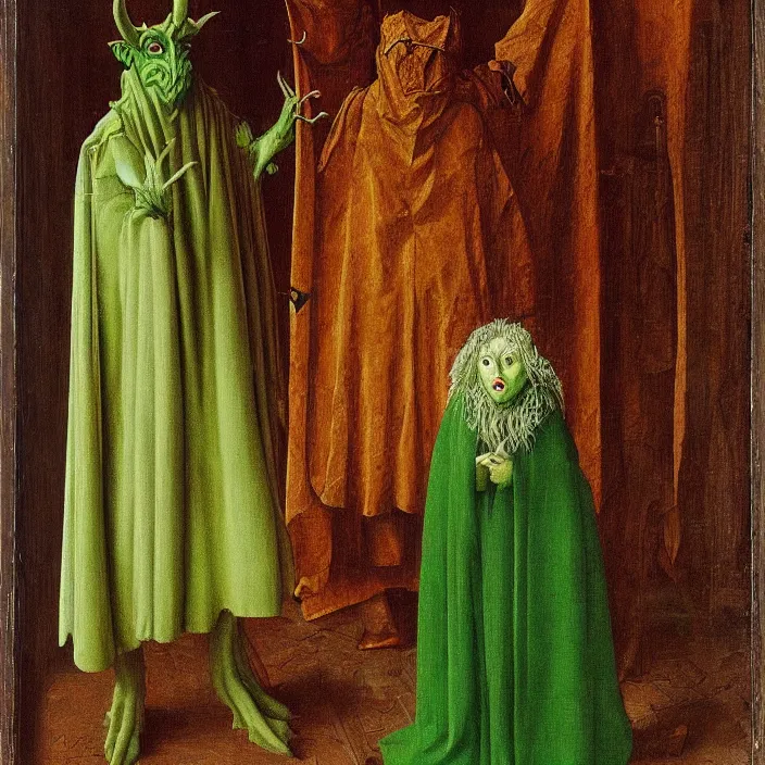 Prompt: a green-horned goblin monster, standing next to veiled figure, by Jan van Eyck