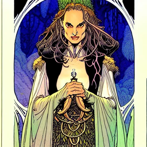 Image similar to a portrait of natalie portman as a druidic wizard by rebecca guay, michael kaluta, charles vess and jean moebius giraud