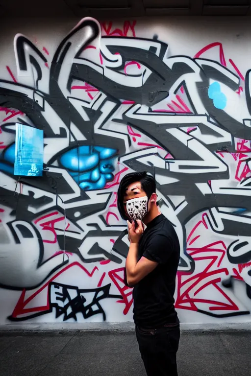 Image similar to asian guy with oni mask stand in front of wall with full of graffiti tag and mural, photorealistic, smooth, 4 k, aesthetic lighting, baroque object, facial features, hyperdetailed, professional photography, pullitzer winning, photo by : canon eos 5 d mark iv, by karah mew and adnan abidi and jodie bateman