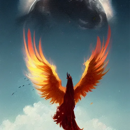 Image similar to phoenix flying in front of the moon, glowing light, fire, oil painting by greg rutkowski, 8 k