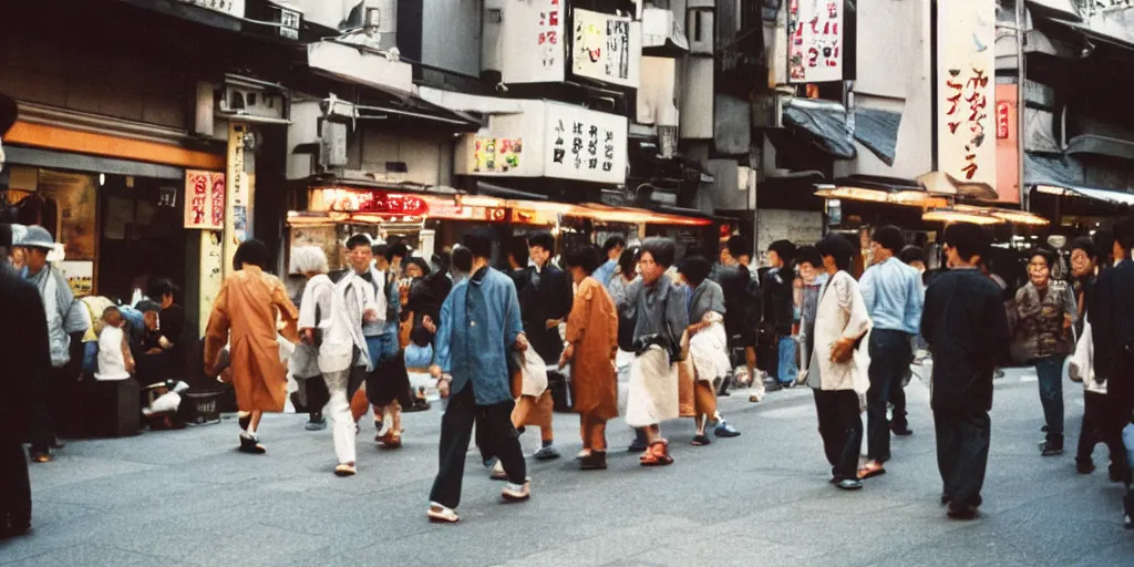 Prompt: street photography of an izakaya midday, people in 9 0 s fashion, in tokyo shinjuku, shot on kodak gold with a canon 3 5 mm lens aperture f / 5. 6, masterful photography by haruto hoshi and yang seung - woo and saul leiter, hyper - realistic