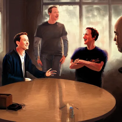 Prompt: elon musk, mark zuckerberg, jeff bezos, in meeting together, very detailed, art contest winner on behance, trendy on deviant art, by artgem, stanley lau, craig mullins