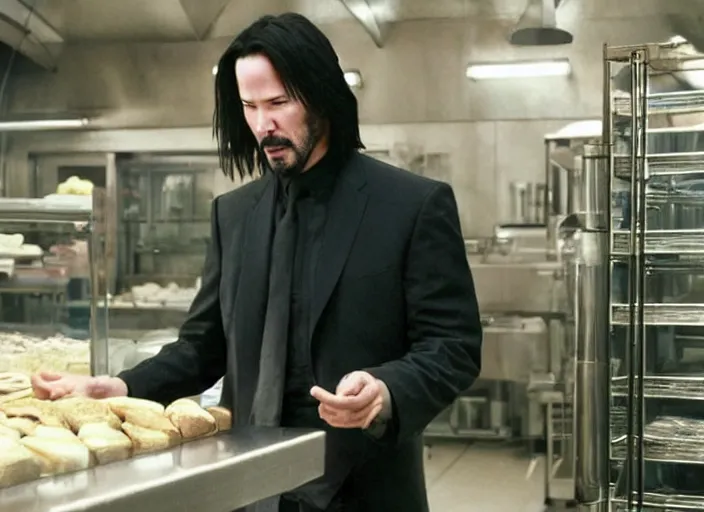 Prompt: film still of keanu reeves as agent smith working in a bakery in the new matrix movie, 4 k