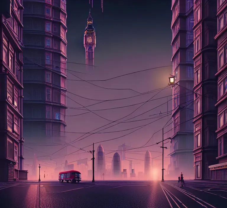 Image similar to hyperrealism photography hyperrealism concept art of highly detailed london at night highly detailed futuristic ( cyberpunk ) city by wes anderson and hasui kawase and scott listfield sci - fi style hyperrealism rendered in blender and octane render volumetric natural light