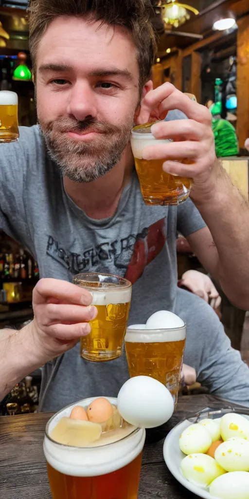 Image similar to british man eating pickled eggs and pints at the pub