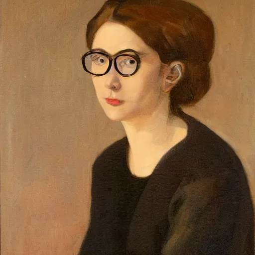 Prompt: studio portrait of a beautiful woman with glasses, oil painting
