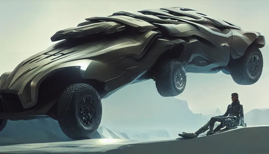 Image similar to a futuristic offroad suv by artgerm and greg rutkowski and alphonse mucha, zaha hadid, volumetric light, detailed, octane render, midsommar