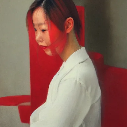 Prompt: portrait of a woman wearing white and red, oil painting by leng jun.