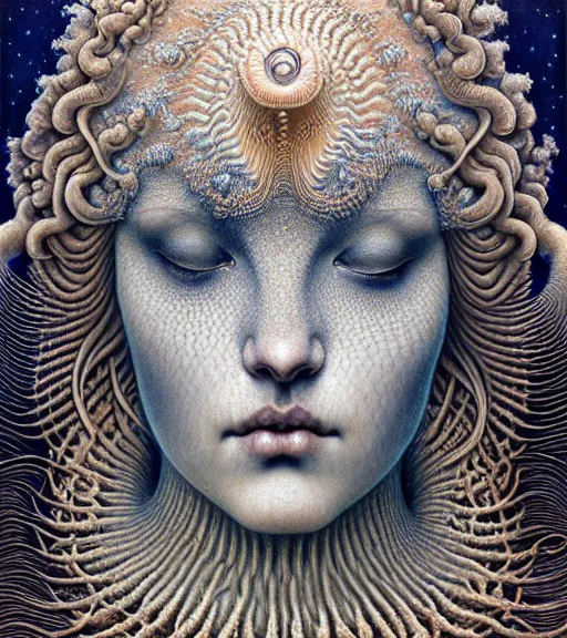 Image similar to detailed realistic beautiful ice goddess face portrait by jean delville, gustave dore, iris van herpen and marco mazzoni, art forms of nature by ernst haeckel, art nouveau, symbolist, visionary, gothic, neo - gothic, pre - raphaelite, fractal lace, intricate alien botanicals, ai biodiversity, surreality, hyperdetailed ultrasharp octane render