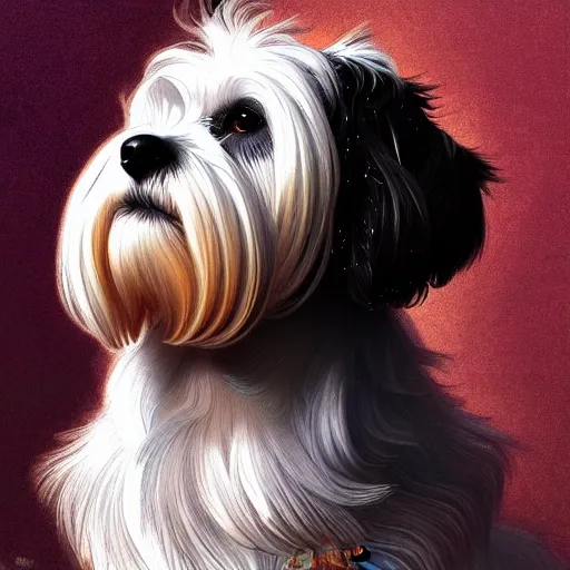 Image similar to beautiful detailed picture of a havanese dog, radiant light, art nouveau, intricate, elegant, highly detailed, my rendition, digital painting, artstation, concept art, smooth, sharp focus, illustration, art by artgerm and greg rutkowski and alphonse mucha