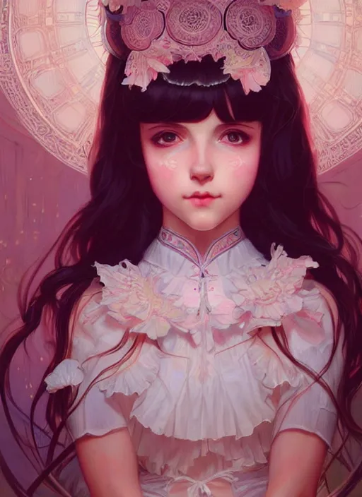 Prompt: symmetry!! cute girl in lolita clothes, intricate, elegant, glowing lights!! highly detailed, digital painting, artstation, concept art, smooth, sharp focus, illustration, art by artgerm and greg rutkowski and alphonse mucha