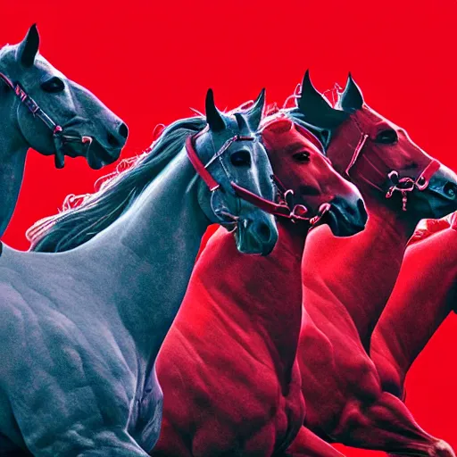 Image similar to four horsemen of the apocalypse, cinematic, red tones, eclipse