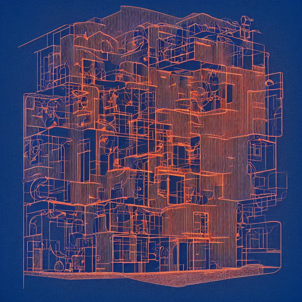 Image similar to time machine blueprint by, mads berg, karolis strautniekas, film noir, stippled light, dramatic lighting, editorial illustration, detailed, fine texture, matte print, art deco, brutalism, dark blue + dark orange, red, black, ( ( habitat 6 7 background ) )