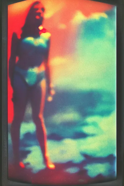 Prompt: analog polaroid photograph of a chrome woman, standing in a pool of blood, azure sky, big clouds visible, sunlight, reflection, sparkles, lensflare, film grain, depth of field, color bleed