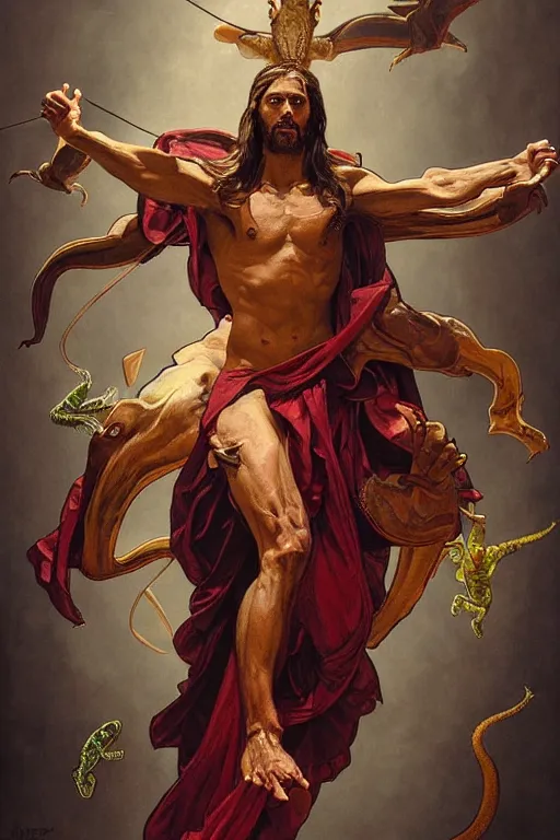 Image similar to fullbody!! dynamic action pose, jesus christ portrayed as a lizard reptile man, lizard head, holy cross, religious, intricate, elegant, highly detailed, digital painting, artstation, concept art, smooth, sharp focus, illustration, art by artgerm and greg rutkowski and alphonse mucha