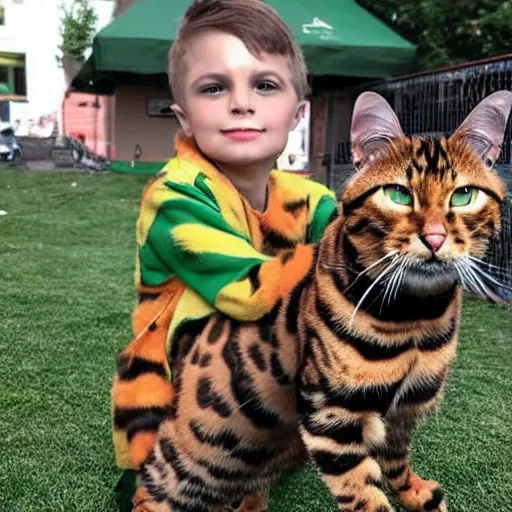 Prompt: a brown-haired boy and a bengal cat each dressed as the green arrow