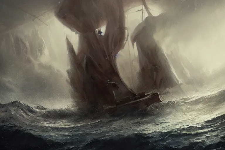 Image similar to Ancient Greek Sailing Vessel, The Argo, Plows through storm tossed ocean waves, Scylla and Charybdis, enormous Krakens, threaten from a rocky caves, the air is alive with rain lighting and fear by Jessica Rossier and HR Giger cinematic concept painting