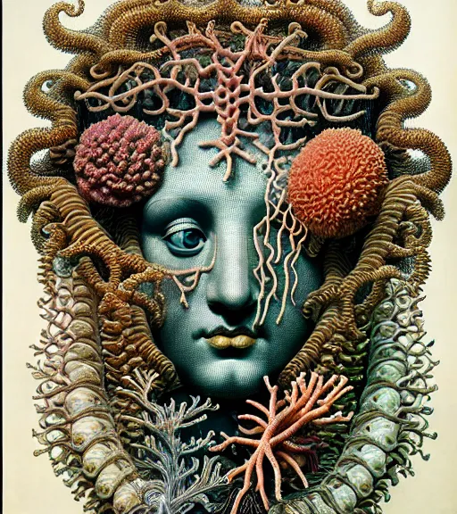 Image similar to hyperrealistic detailed underwater face portrait of the beautiful god of the fish with an intricate headgear of corals, sea kelp, sea plants, fish, starfish, jellyfish, art by ernst haeckel, james jean, john william godward, gothic, neo - gothic, ornamental, beautiful deep colours,