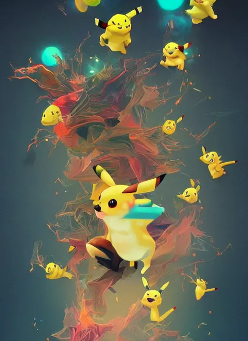 Prompt: colourful caricature - 3 d vfx art - of pikachu, art style by james jean & hsiao - ron cheng, character concept art, unreal engine render, digital illustration, sharp, intricate detail, volumetric light, ray tracing, soft light, symmetric, pinterest, artstation, behance,