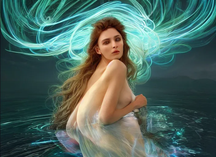 Prompt: an elegant goddess with luminous hair, flowing lightpainting swirling around her, highly detailed, photorealistic, neon rim lighting, surrounded by lake, reflections, smooth, sharp focus, ultrawide, final fantasy, art by irakli nadar and lindsay adler and dani olivier and michael bosanko and adolphe bouguereau