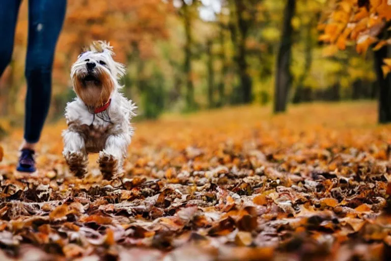 Image similar to dogs running through autumn leaves towards the camera, long shot, shot from below