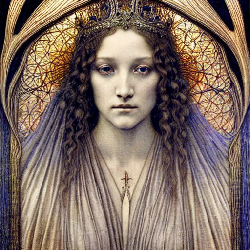 Prompt: detailed realistic beautiful young medieval queen face portrait by jean delville, gustave dore and marco mazzoni, art nouveau, symbolist, visionary, gothic, pre - raphaelite, art forms of nature by ernst haeckel