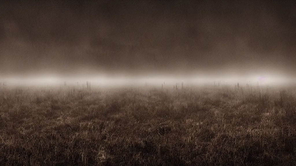 Image similar to a field of skulls, dark, night, foggy, scary, eerie, digital art.