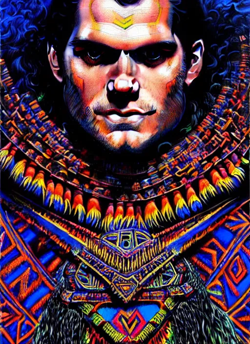 Image similar to portrait of henry cavill, hyper detailed ultra sharp aztec shaman warrior. trending on artstation, warpaint aesthetic, bloodwave, colorful, psychedelic, ornate, intricate, digital painting, concept art, smooth, sharp focus, illustration, art by artgerm and greg rutkowski and h. r. giger, 8 k