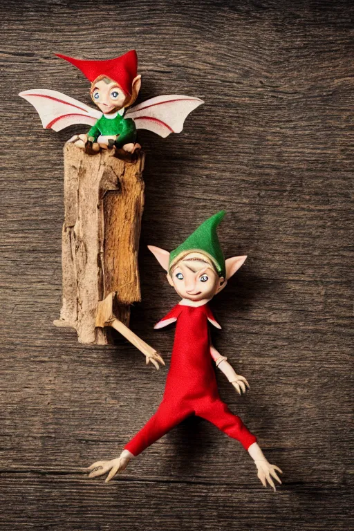 Image similar to a tiny pixie-like dragon sitting on the shoulder of a wooden marionette painted like an elf, high resolution film still, 8k, HDR color