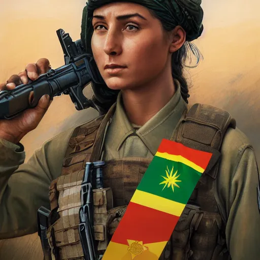 Image similar to beautiful YPJ soldier wearing a Kurdistan flag insignia in the defense of Kobanî in the siege of Kobanî, detailed, centered, digital painting, artstation, concept art, donato giancola, Joseph Christian Leyendecker, Boris Vallejo, Breathtaking, 8k resolution, extremely detailed, beautiful, establishing shot, artistic, hyperrealistic, beautiful face, octane render